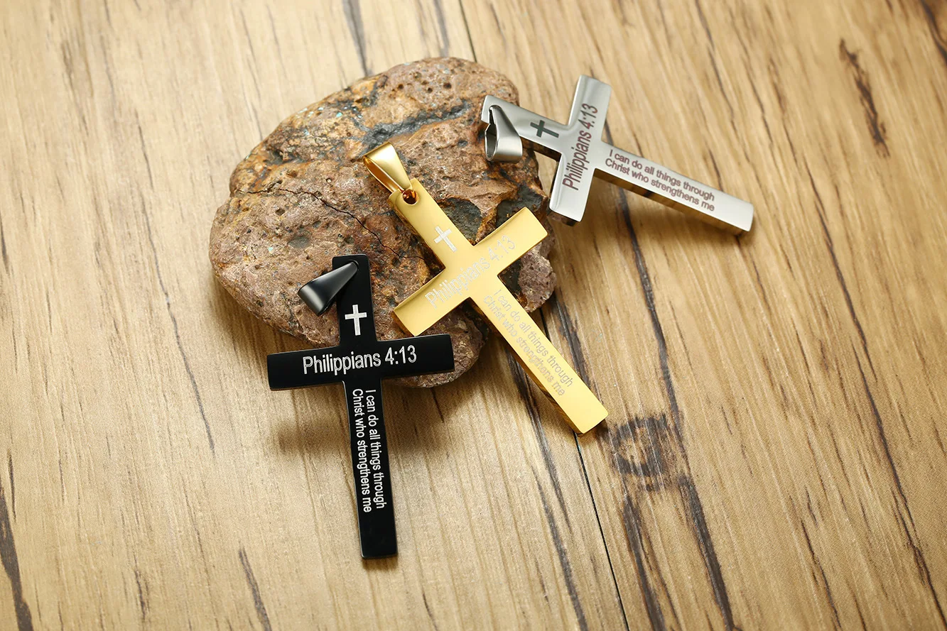 

Cross Necklace Personality Retro Men's Unisex Jewelry Stainless Steel English Philippians Bible Scripture Pendant Necklaces