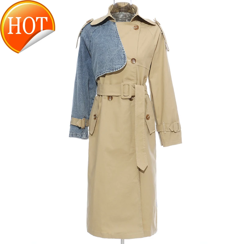 

Denim Women Coat Colorblock Trench Patchwork Windbreaker High Waist Belted Long Jacket Coat