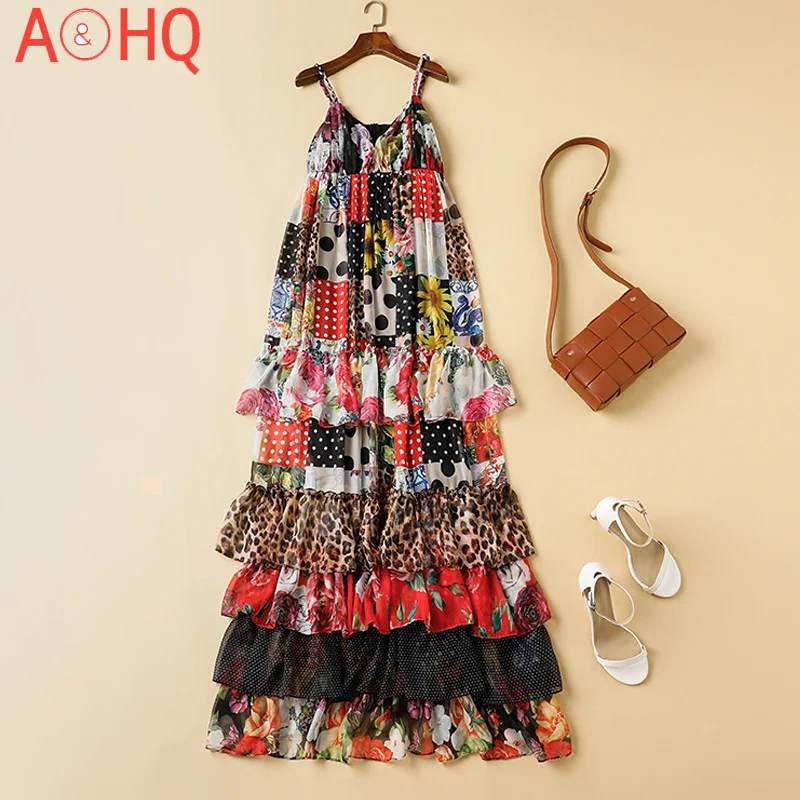 

Long Dress High Quality Fashion Summer New Women'S Holiday Party Bohemian Gorgeous Cascading Ruffle Patchwork Print Sling Dress