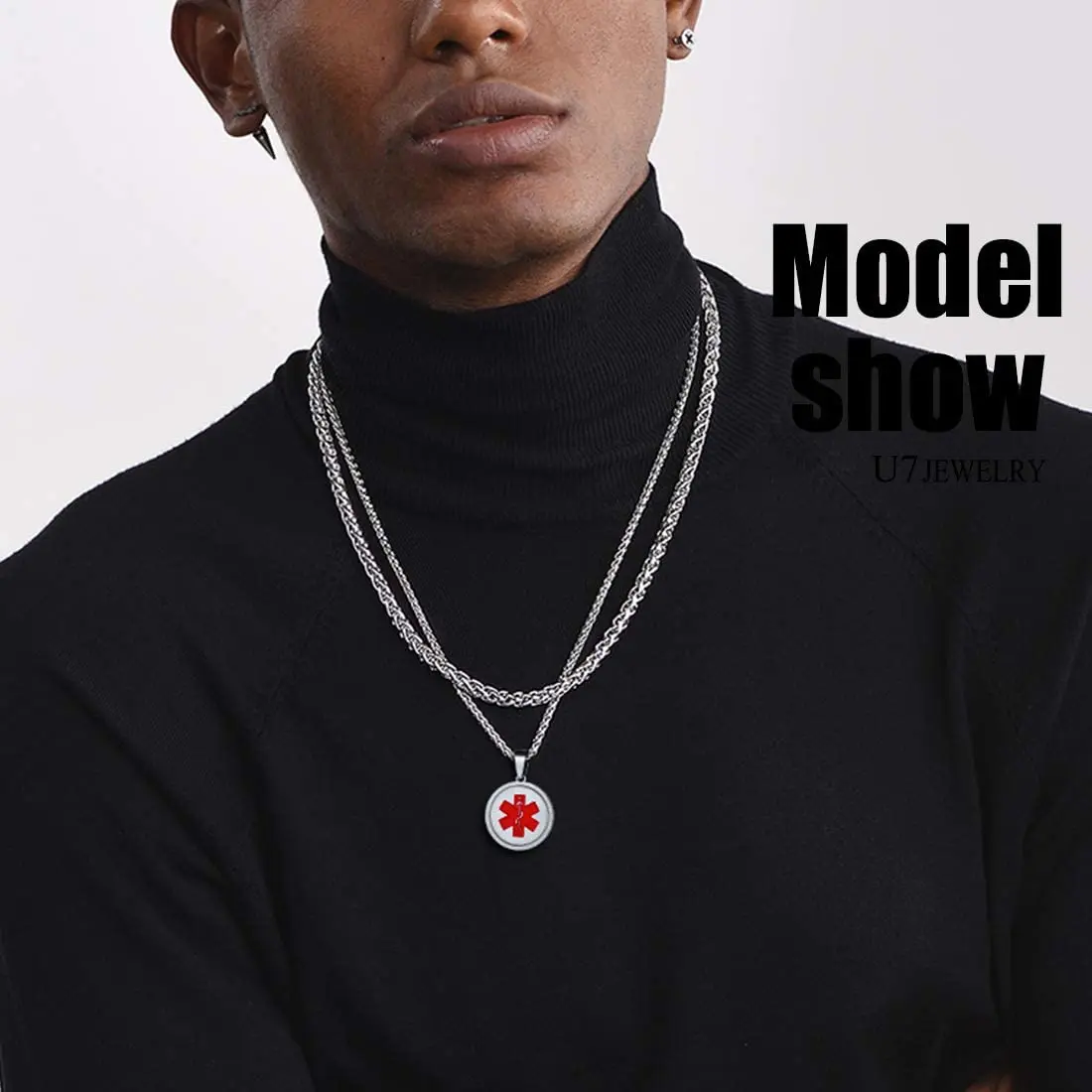 U7 Personalized Message Engraved EMC Tag with Medical Card Medal Medical Alert ID Tag Round Medal Necklace