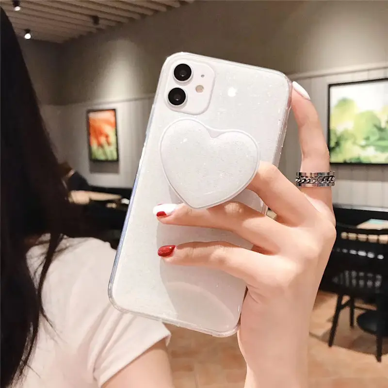 2022.Candy Color Stand Holder Phone Case For iPhone 12 11 12Pro Max XR XS Max X 6S 7 8 Plus 11Pro SE 2 Glitter Love Heart Back