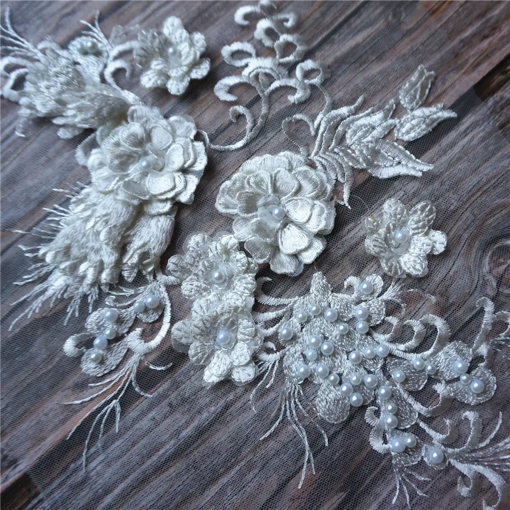 Вышитый белый цветок кружевной ткани с бусинами Аппликации отделка воротника