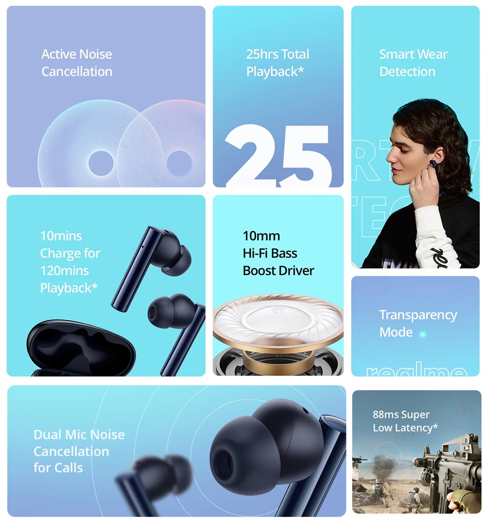realme Buds Air 2 ANC Wireless Earphone 88ms Super Low Latency 25h Playback Game Music Sports Bluetooth Headphones Real Stock |