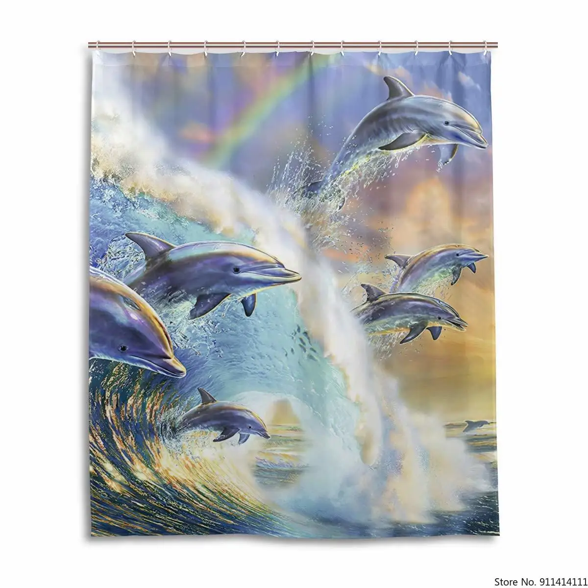

Cute Dolphin leap Fabric Shower Curtain and Mats Set Against Beautiful Sunset Orange,Waterproof Bathroom shower curtain set