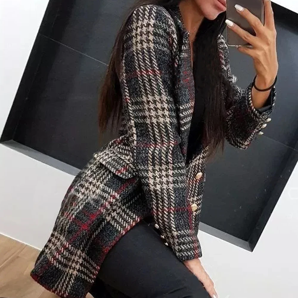 Клетчатое длинное пальто модное женское двубортное зимнее элегантное тонкое