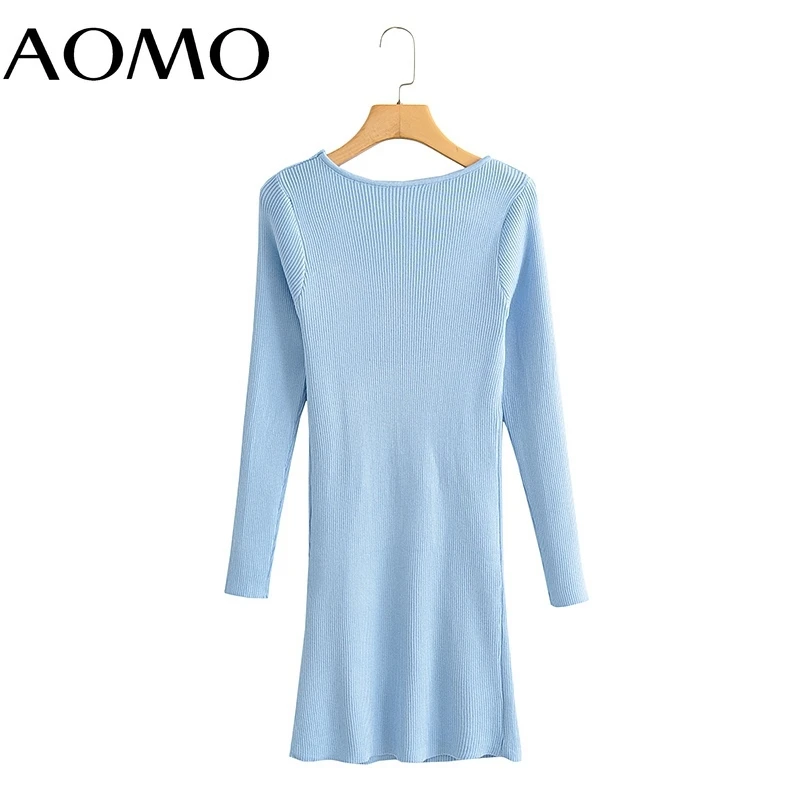 

AOMO Fashion Women Solid Blue Short Sweater Dress Long Sleeve Big O Neck Ladies Mini Dress BC172A