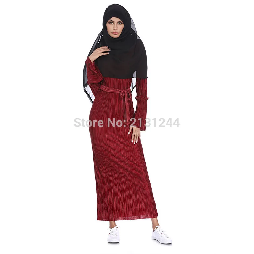 Мусульманская сморщенная юбка карандаш плисс Макси платье труба рукав абайя