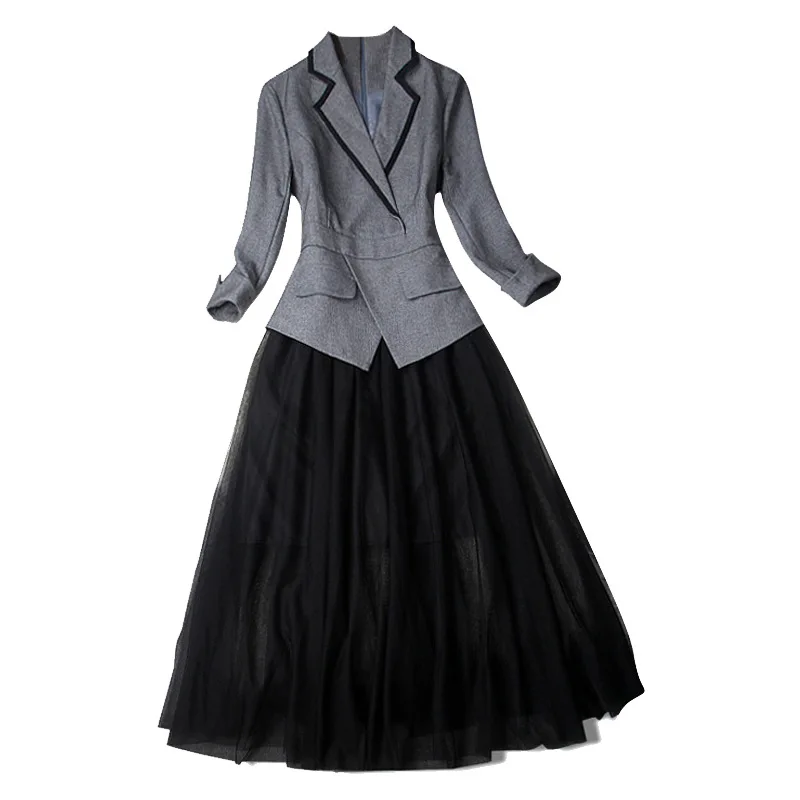 

Spring Summer New Women's Tailored Collar Long Sleeve One-piece Dress Joint Gauze Temperament Pleated Skirt