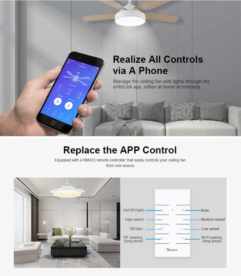 SONOFF IFan03 Wifi потолочный вентилятор и высветильник ель света с дистанционным