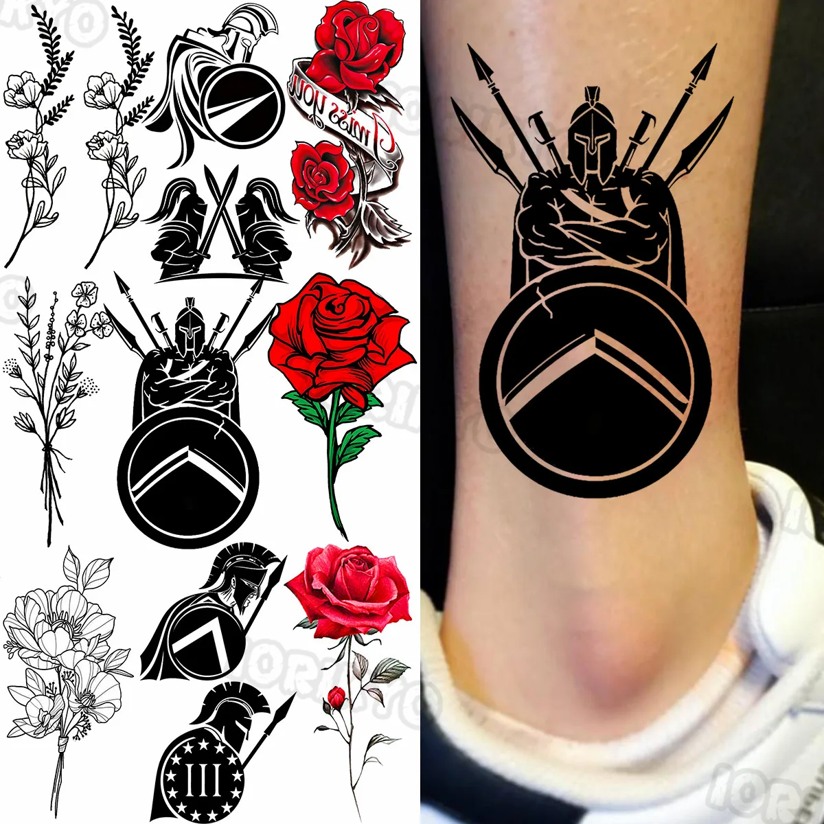 

Black Spartan Warrior Temporary Tattoos For Women Men Realistic Flora Watercolor Rose Flower Fake Tattoo Sticker Leg Arm Tatoos