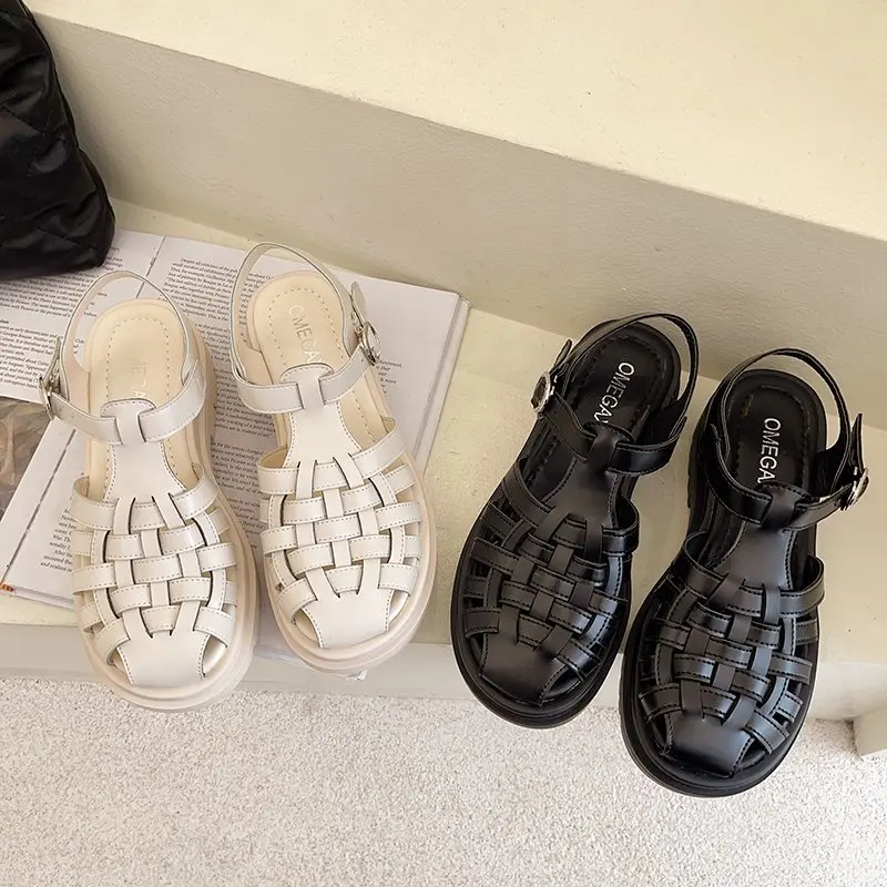 

Comfort Shoes for Women Closed Toe Sandals Buckle Strap Breathable 2021 Summer Med Clear Heels Suit Female Beige All-Match New F