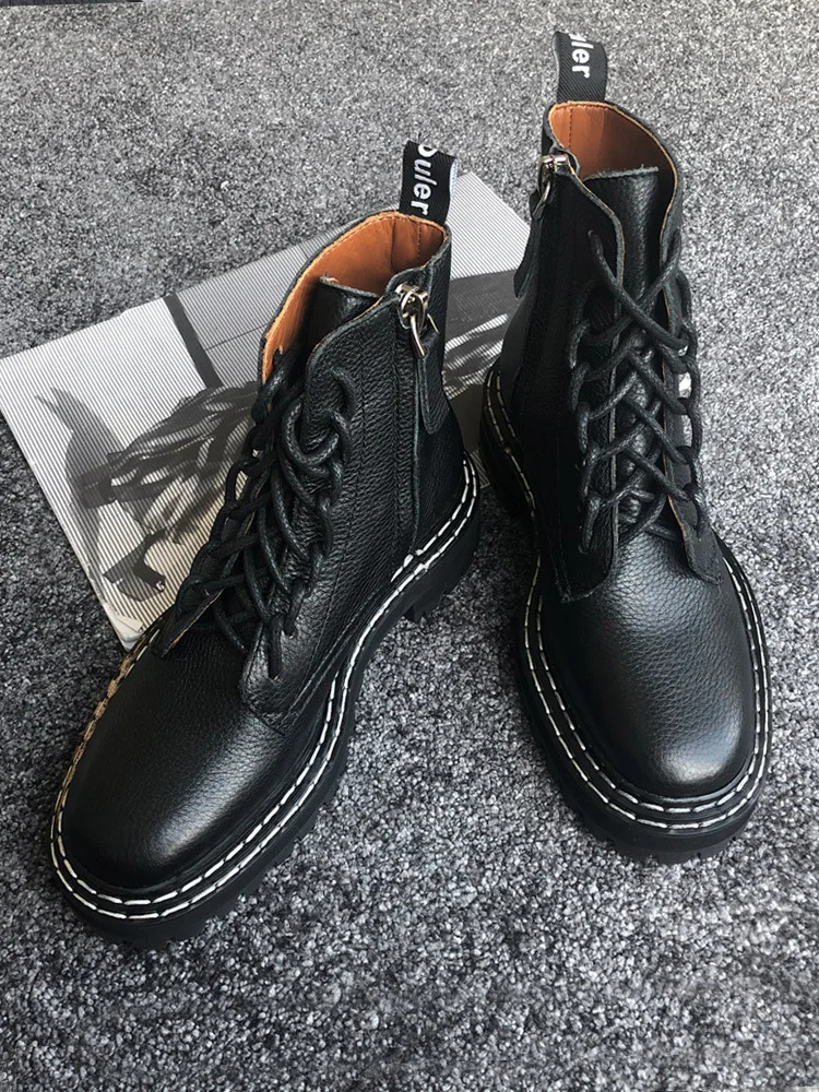 Женские ботильоны с двойным швом на платформе шнуровке Кожаные криперы дышащие