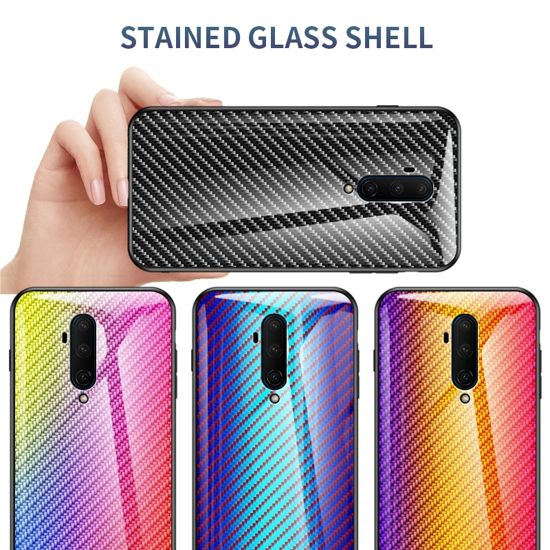 Luxury Carbon Fiber Tempered Glass Case OnePlus One Plus 7T Pro 7TPro McLaren Aurora gradient Protective Shell Phone Cover |