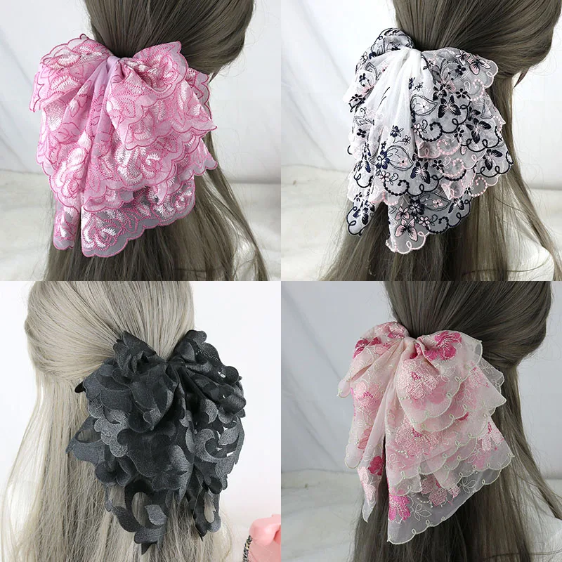 

Super Big Lace Bowknot Hair Accessories Sweet Embroidery Top Clip Spring Clip Tie Hair Ornament