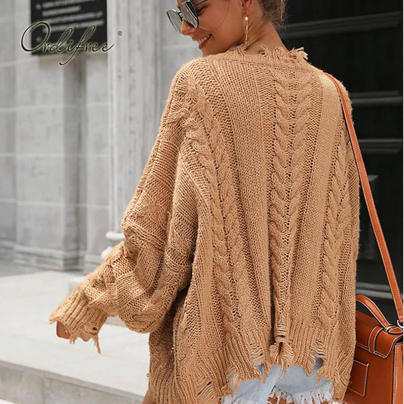 Ordifree 2020 Autumn Winter Oversized Ripped Sweater Women Knitted Pullover Twist Streetwear Loose Casual Female | Женская одежда