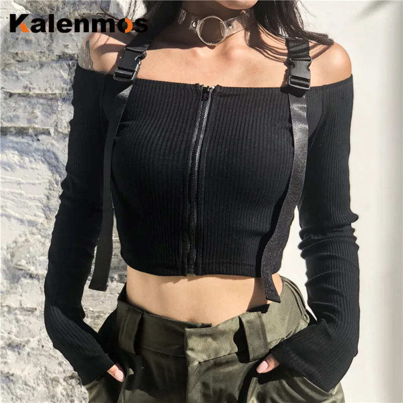 KALENMOS сексуальные футболки женские на молнии школьная сумка подтяжки с длинным