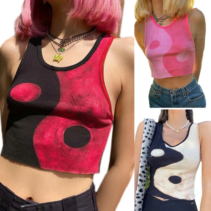 

Women Summer Sleeveless Ribbed Crop Top Harajuku Contrast Color Eight-Diagram Printed Slim Vest Scoop Neck Casual Shirts