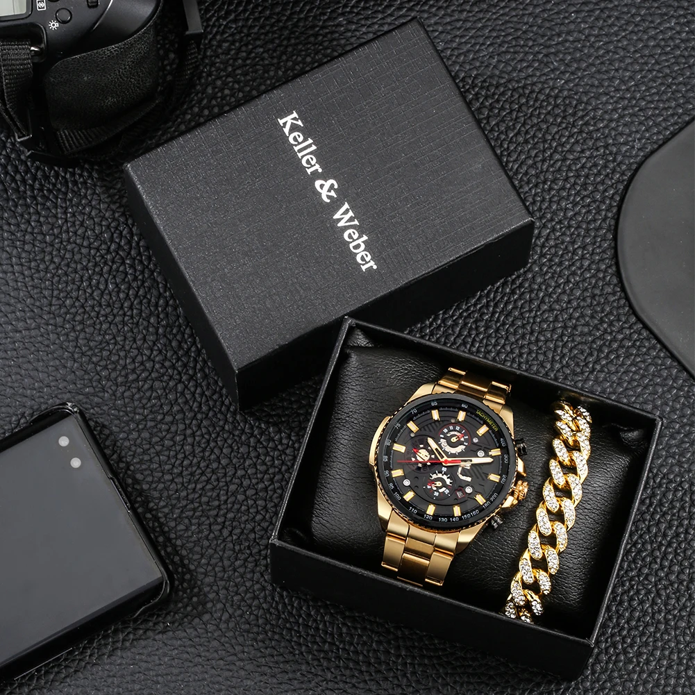 

Best Xmas Gifts for Husband Father Men's Quartz Stainless Steel Watch Luxury Watches with Calendar Man Bracelet Gift Set Box