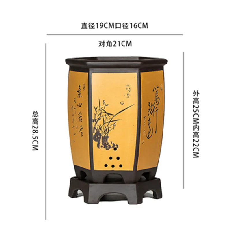 

Yixing Chinese Style Bonsai Flower Pot Six-party Carved Indoor Desktop Orchid General Handmade Purple Sand Flower Pot