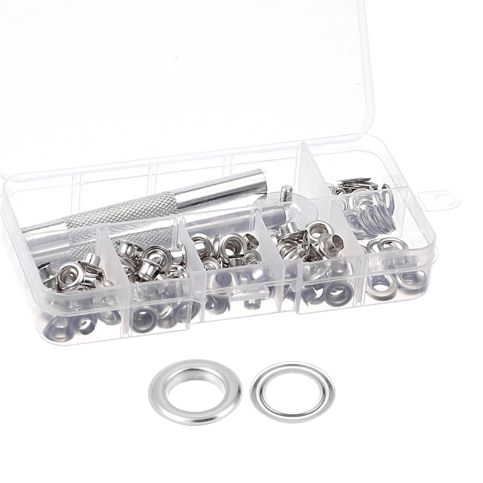 

Uxcell Grommet Kit 100 Sets Copper Eyelets with 3 Tools, 5mm Inside Dia. Silver Tone