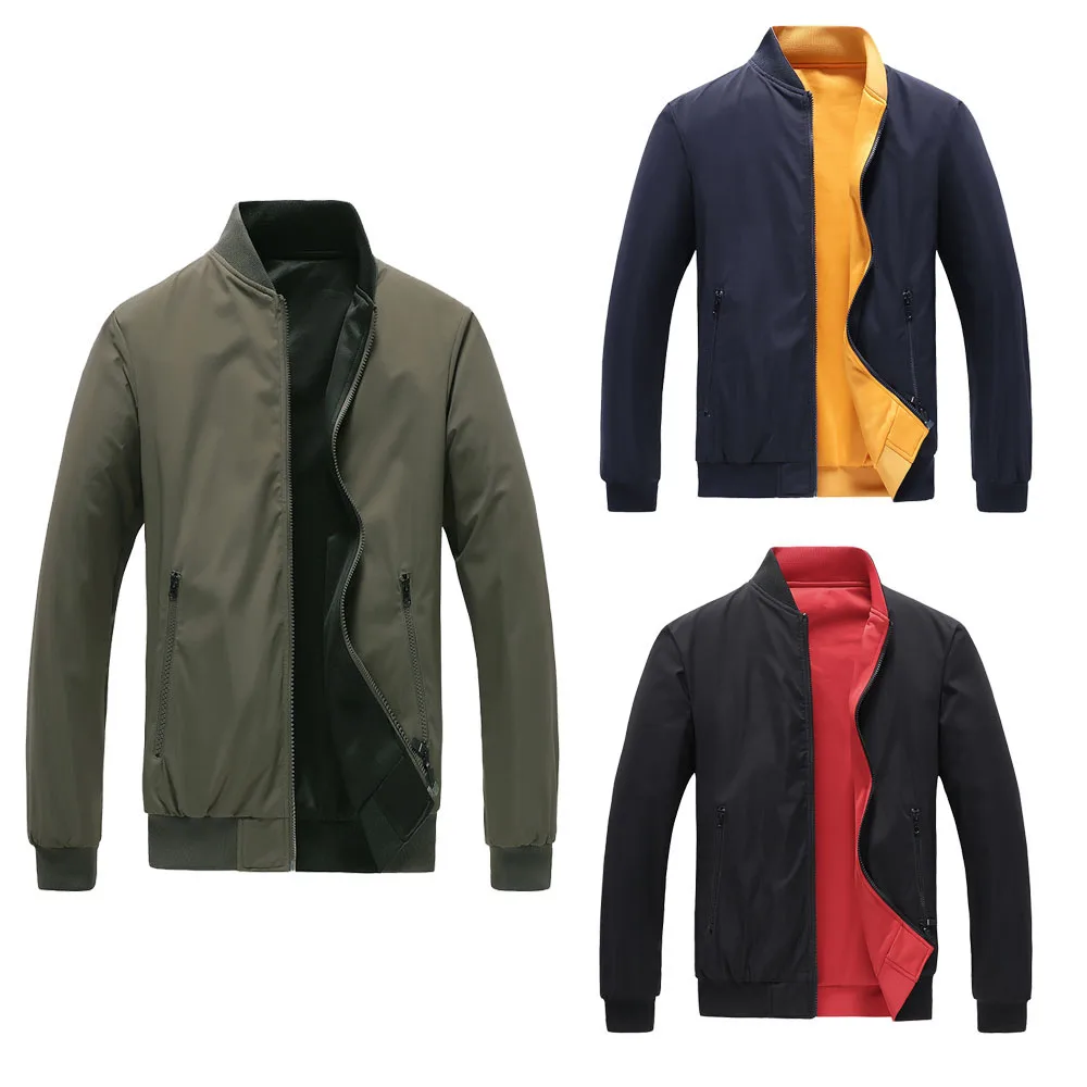 

Двухсторонняя Мужская куртка, осенняя однотонная Повседневная куртка-бомбер на молнии, мужская повседневная Уличная одежда, приталенные мужские куртки-пилоты в стиле хип-хоп