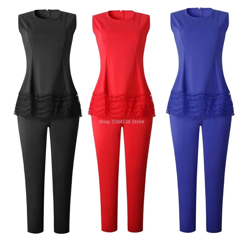 Новинка 2020 Женский однотонный кружевной топ без рукавов и длинные брюки
