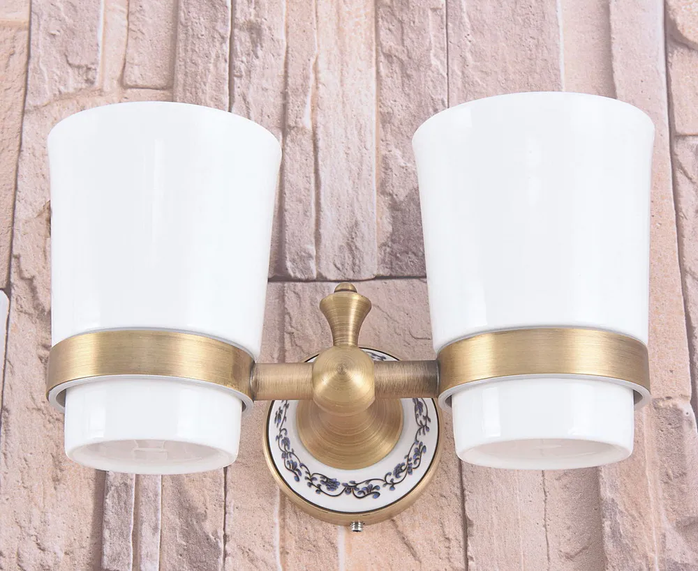 Античная латунь двойной держатель зубной щетки с керамической чашкой настенный