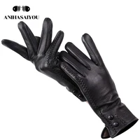 new womens gloves genuine leather winter warm soft leather gloves women 70 wool lining riveted clasp high quality mittens 2301