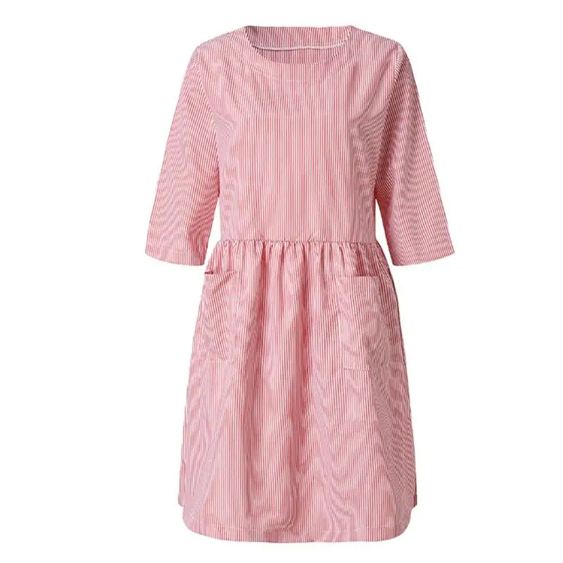 

Women Summer Elegant O Neck Half Sleeve Pockets Loose Party Vestido Casual Baggy Work Striped Dress Sundress Oversized