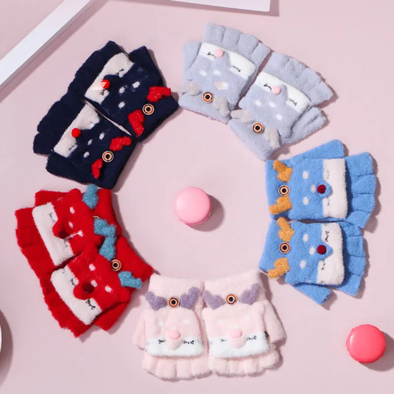

Cute Warm Half-finger Children's Gloves Popular Thicken Clamshell Fawn Cartoon Gloves Stylish Soft Kids Warm Accessories