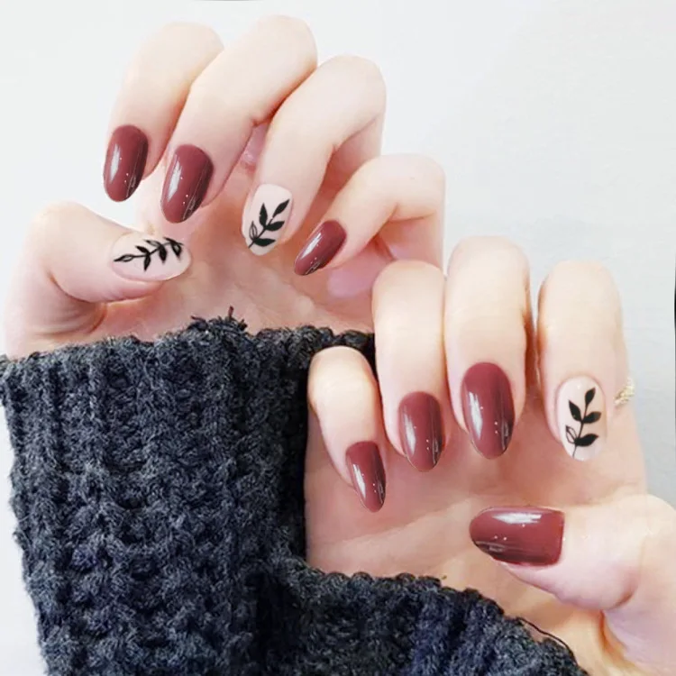 Новый 24 шт. листья с круглым носком Маникюр 3D Модный чехол типа сделай сам Пластик