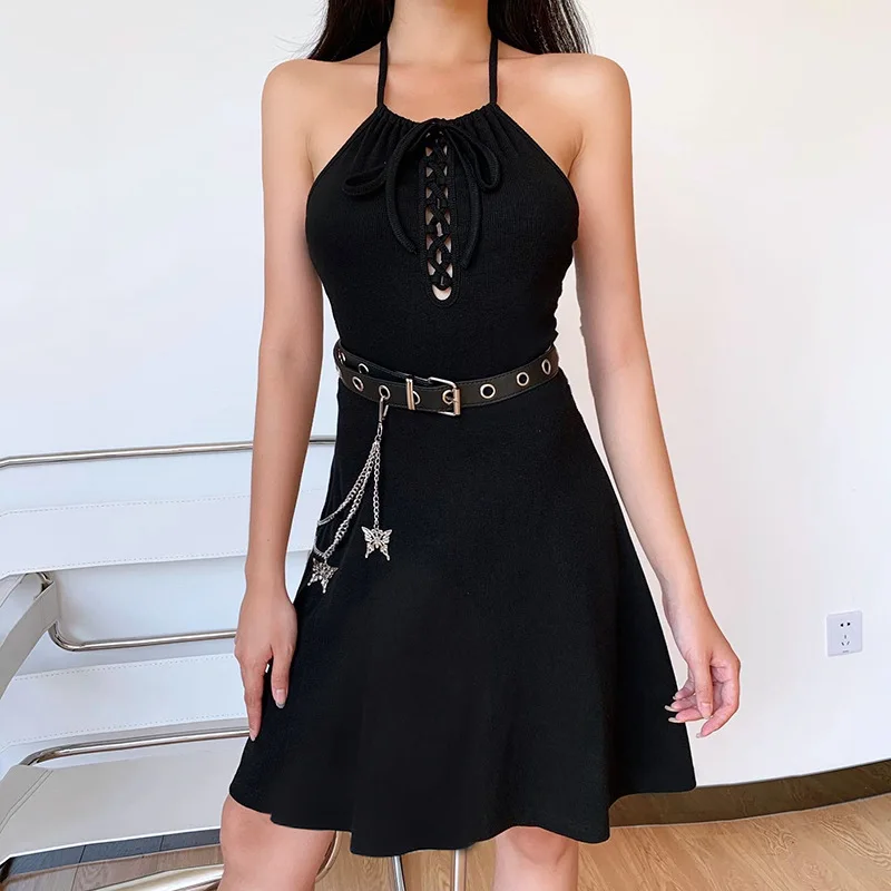 Женское готическое платье с бретельками NCLAGEN черное ТРАПЕЦИЕВИДНОЕ поясом цепь