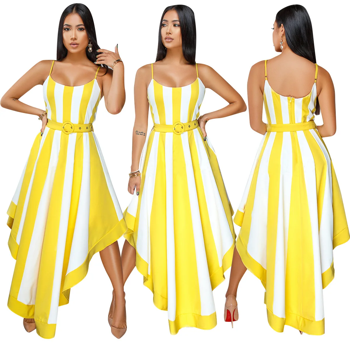 Женское летнее платье в полоску асимметричное с открытой спиной и качели модная