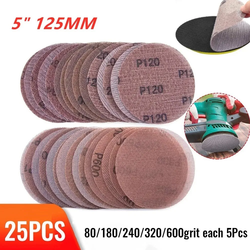 

25pcs 5inch 125mm Mesh Sanding Discs Hook & Loop Abrasive Dust Free Anti-Blocking Sharp Grinding Sandpaper For Car Wood Stone