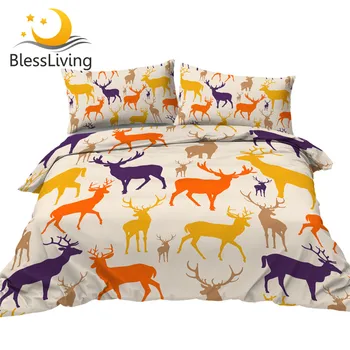 BlessLiving Colorful Deer Bedding Set Queen Size Duvet Cover Elk Reindeer Bedspread Wild Animals Bed Set 3-Piece New Bedding 1