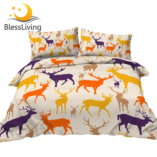 BlessLiving Colorful Deer Bedding Set Queen Size Duvet Cover Elk Reindeer Bedspread Wild Animals Bed Set 3-Piece New Bedding 1