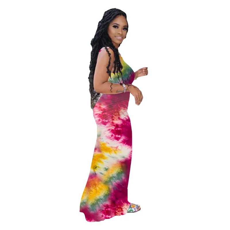 

Ruched Tie Dye Print Sexy Long Party Dresses Women High Waist Sleeveless Holiday Dress Summer Female Plus Size Bodycon Vestidos