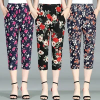 2022 summer womens capris pants woman loose casual high waist pant thin floral print straight calf length trousers