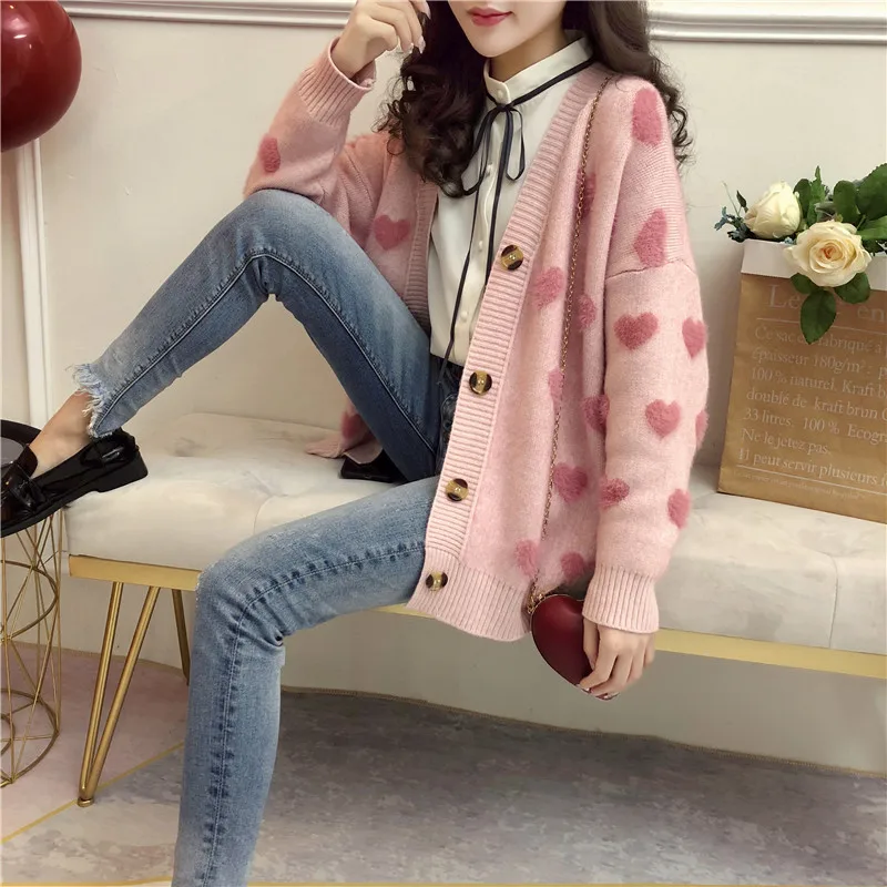 Кардиган с сердцем свитер женская одежда принт желтый розовый синий шерсть