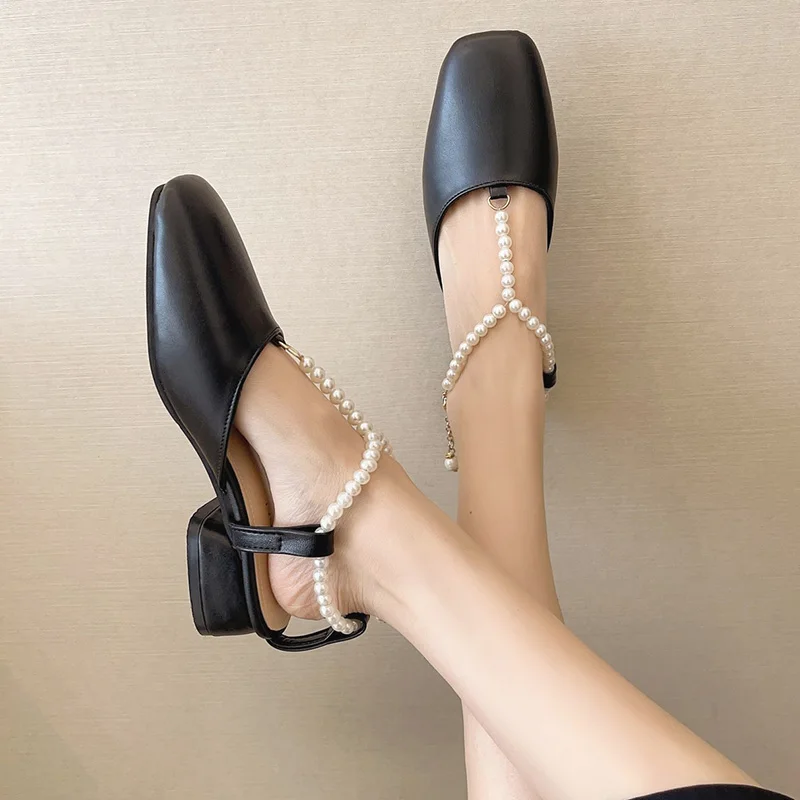 

2021 Summer Sale Of Women's Shoes Beige Heeled Sandals All-Match Square Toe New Black Comfort Beach Low Pearl Girls Outside Clea