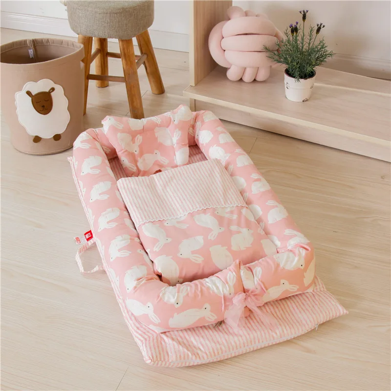 RABBIT PINK Хлопок детское гнездо кроватка-колыбель кроватка туристическая детская кроватка кровать для новорожденных переносная люлька детская моющаяся сумка с сеткой бампер От 0 до 2 лет - Цвет: RABBIT PINK