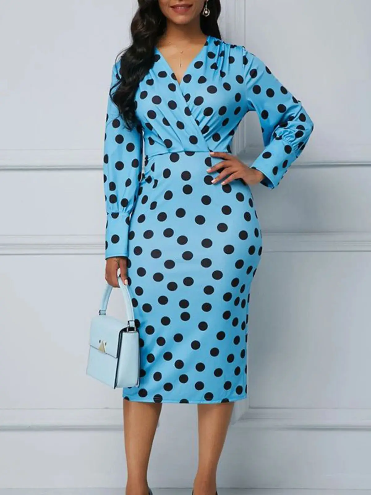 

Women Robe Femme Spring Autumn Dot Print Pencil Dresses Shrinkage V-Neck Long Sleeve Slim Hips Dress For Woman Vestido De Mujer