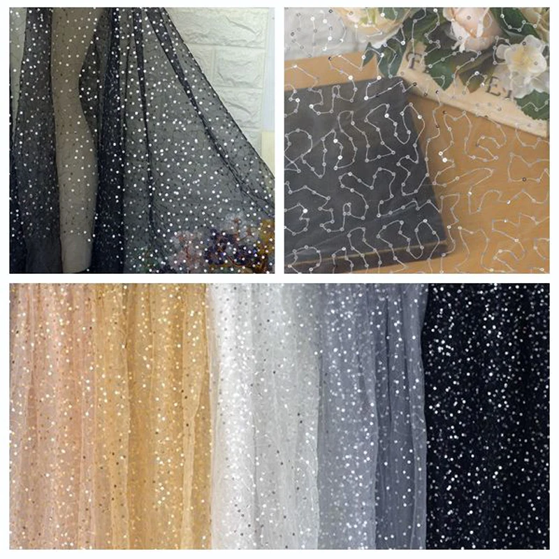 150 см широкая ажурная ткань черного цвета с пайетками Сетчатое свадебное платье