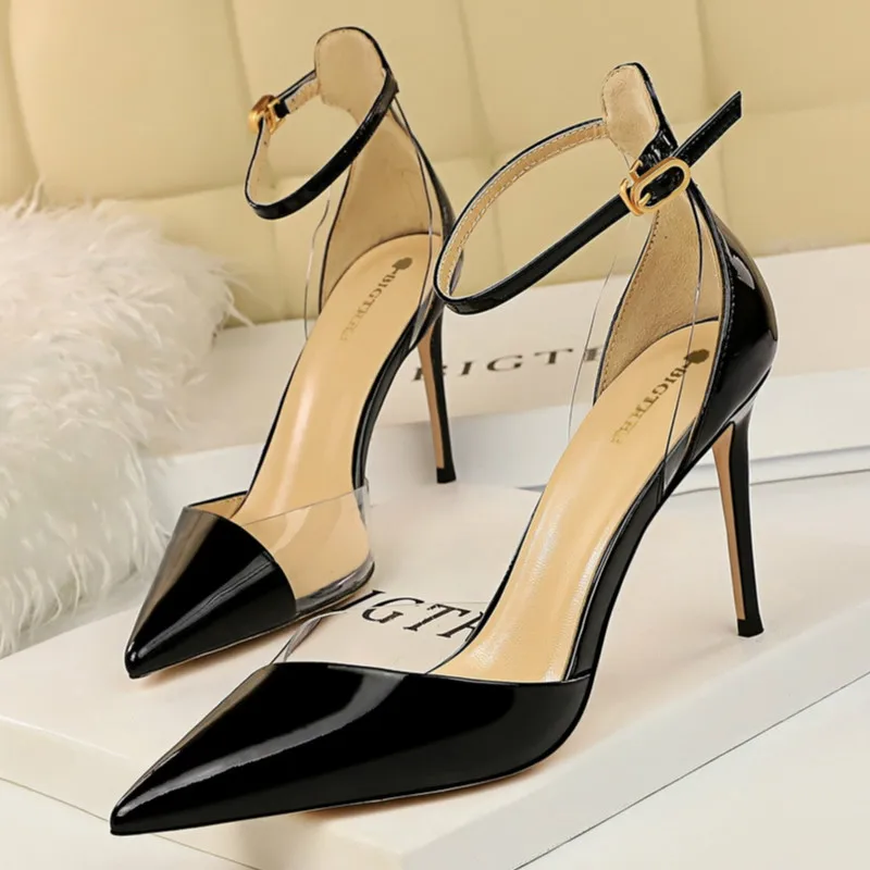 

Summer new fashion thin heel shallow mouth pointed sexy nightclub hollow word sandals Buckle Strap All-match Cover Heel Party