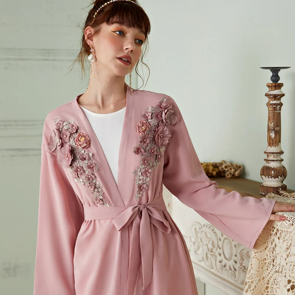 

Dubai Kaftan Muslim Abaya Dress Women Lace-up Caftan Long Robe Hijab Dress Big Swing Kaftan Robe Kimono Jubah Islamic Clothing