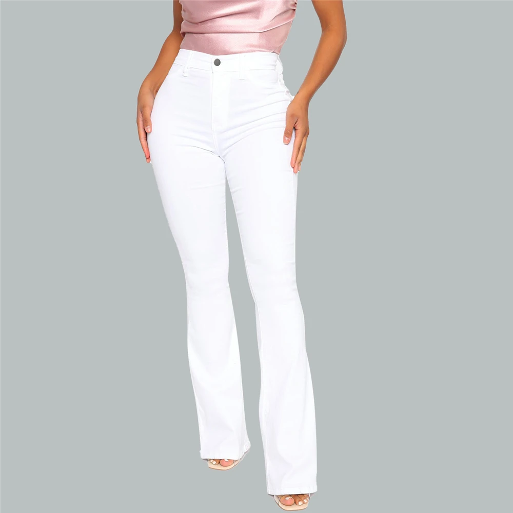

Cotton White High Waist Casual Flared Jeans Women 2021 Spring New Slim Slimming Denim Trousers Office Lady Denim Flared Pants