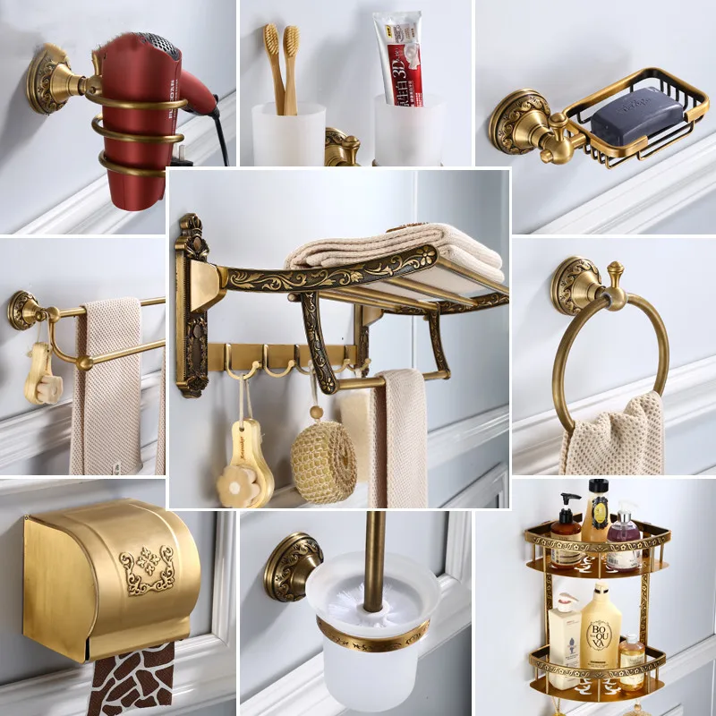 

Antique Carved Bathroom Hardware Accessory Aluminium Foldable Towel Rack/Ring Tissue/Toilet Brush Toothbrush Holder Soap Basket