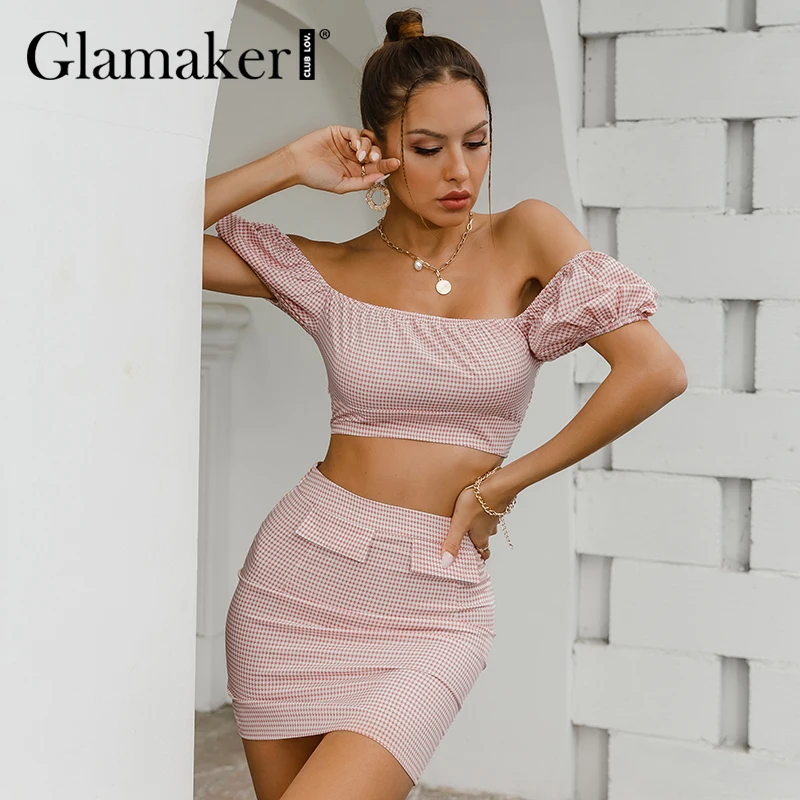 

Glamaker Plaid printed summer 2 piece suit Women puff sleeve crop top and straight skirt Female fashion casual off shoulder sets