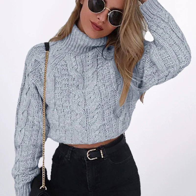 Женский вязаный короткий свитер с высоким воротником повседневный пуловер