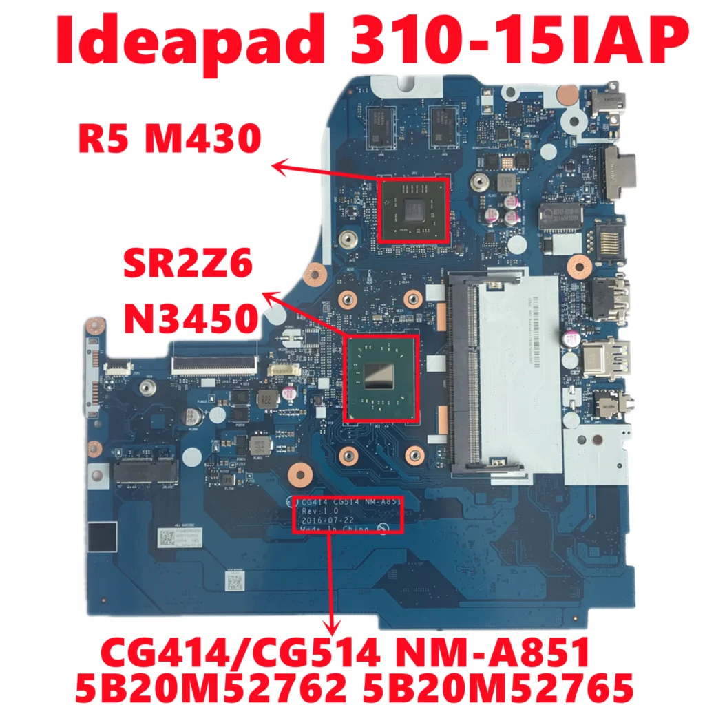 FRU:5B20M52762 5B20M52765 для ноутбука Lenovo Ideapad 310-15IAP, материнская плата CG414/CG514 NM-A851 с N3450 216-0867071, полностью протестирована